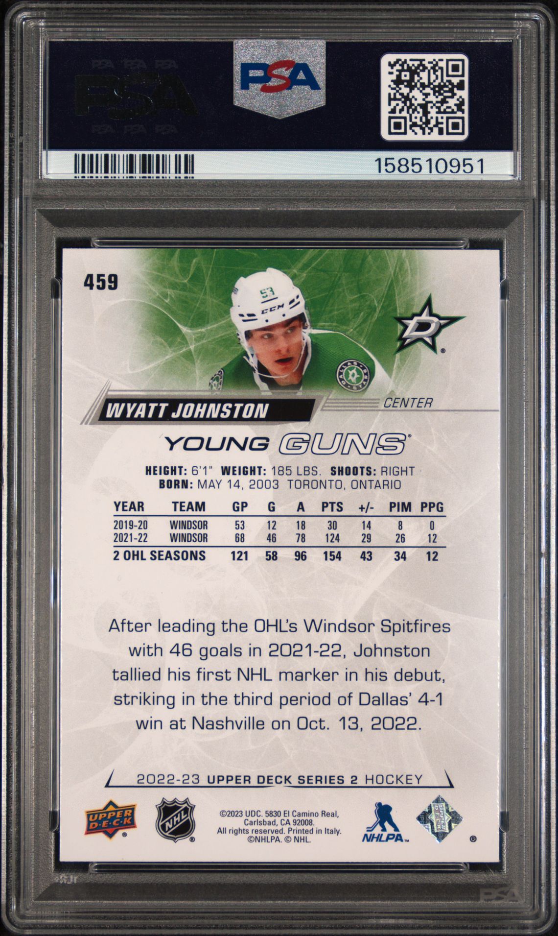 2022 Upper Deck Wyatt Johnston #459 Nm-Mt 8 back