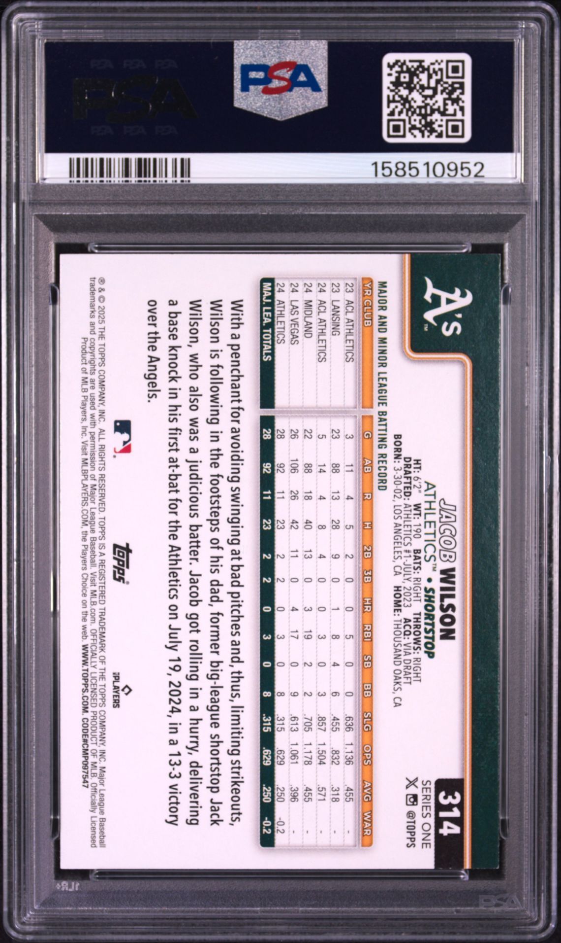 2025 Topps Jacob Wilson #314 Nm-Mt 8 back