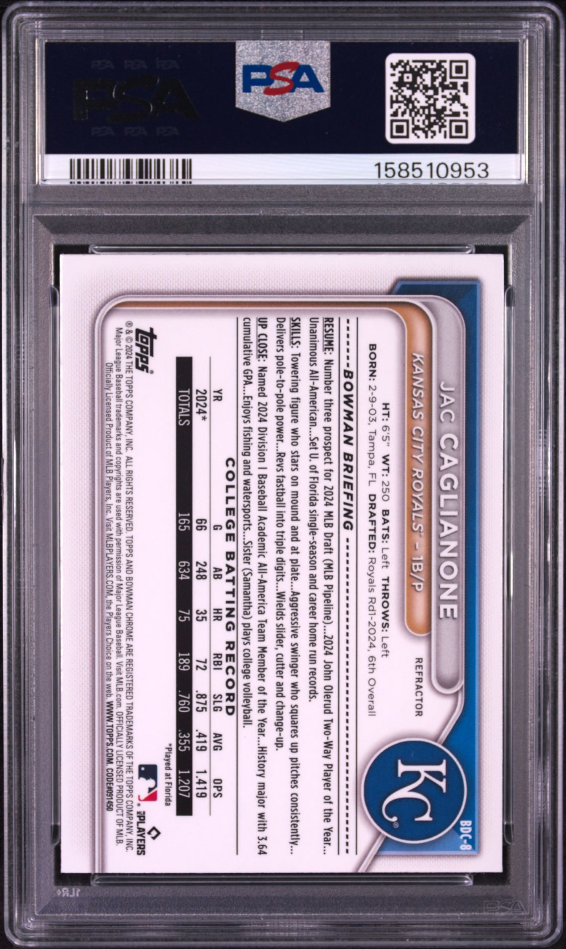 2024 Bowman Draft Jac Caglianone #Bdc8 (Chrome-Refractor) Mint 9 back