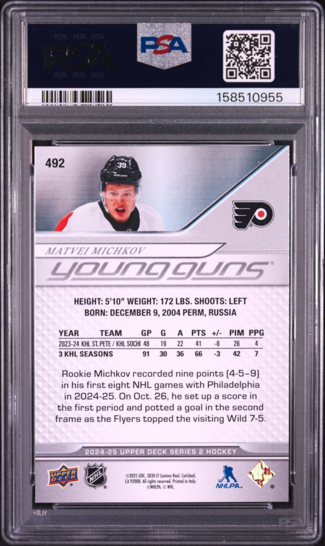 2024 Upper Deck Matvei Michkov #492 Mint 9 back