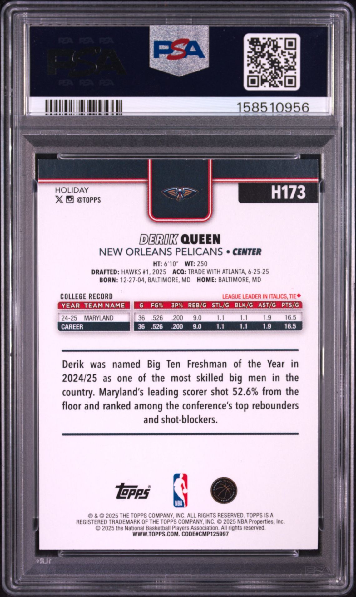 2025 Topps Holiday Derik Queen #H173 (Holiday Plaid) Mint 9 back