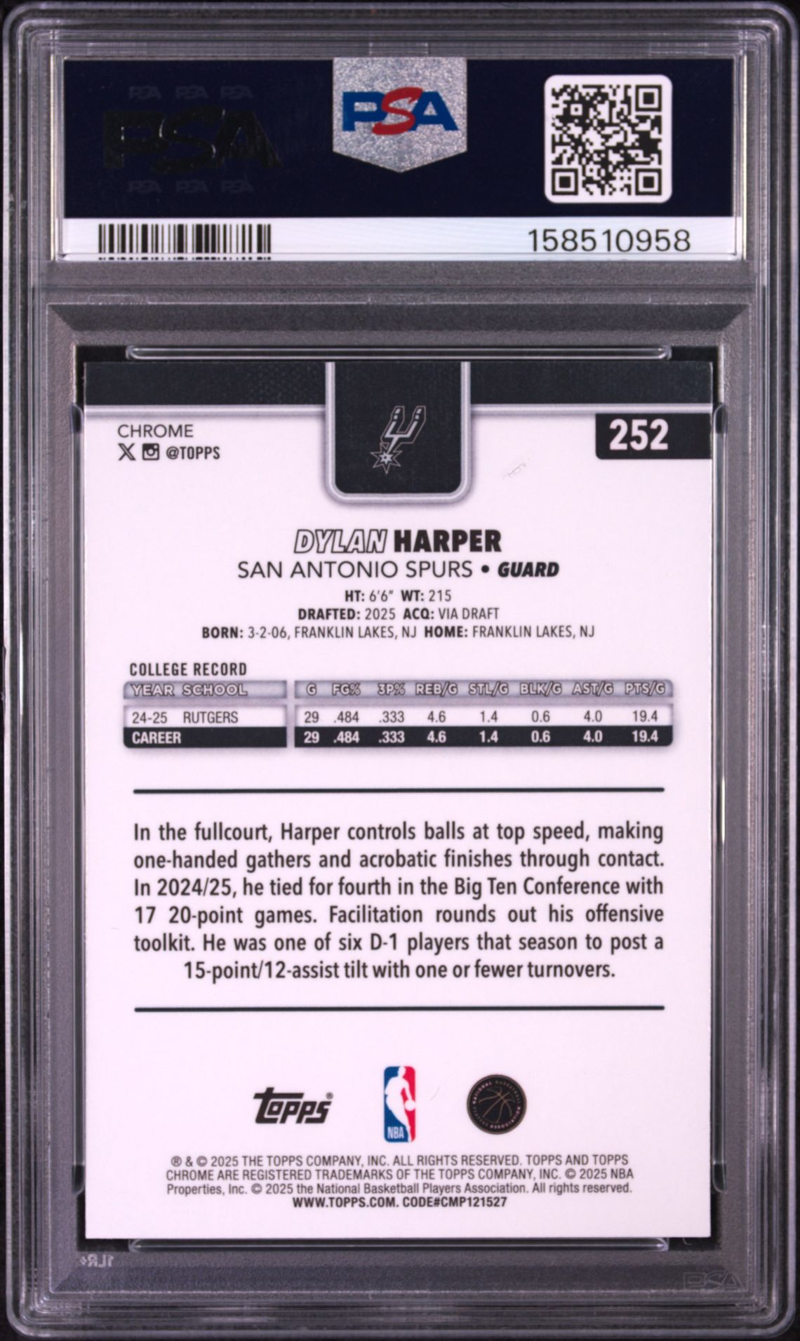 2025 Topps Chrome Dylan Harper #252 (Green Basketball Refractor) Gem Mt 10 back view - PSA certificate #158510958