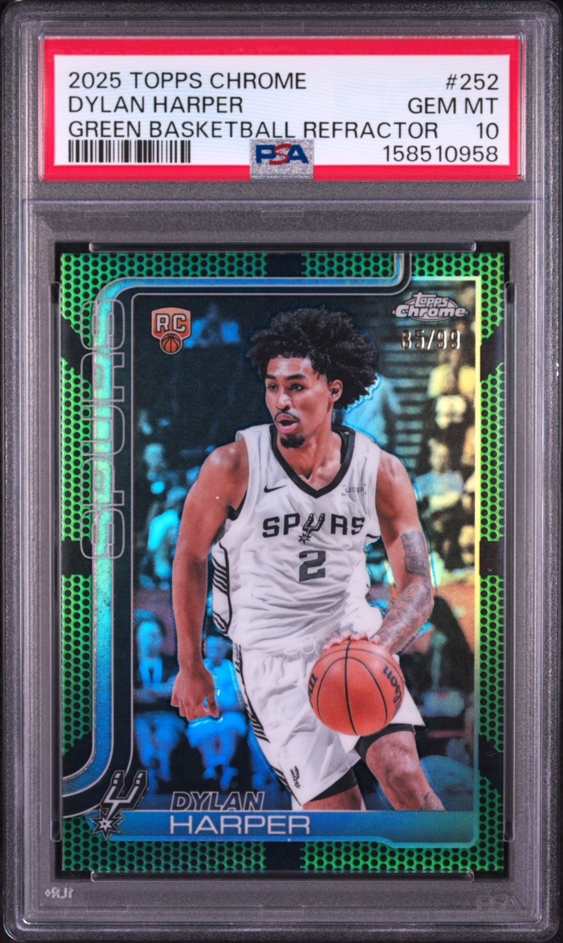 2025 Topps Chrome Dylan Harper #252 (Green Basketball Refractor) Gem Mt 10 front view - PSA graded GEM MT 10