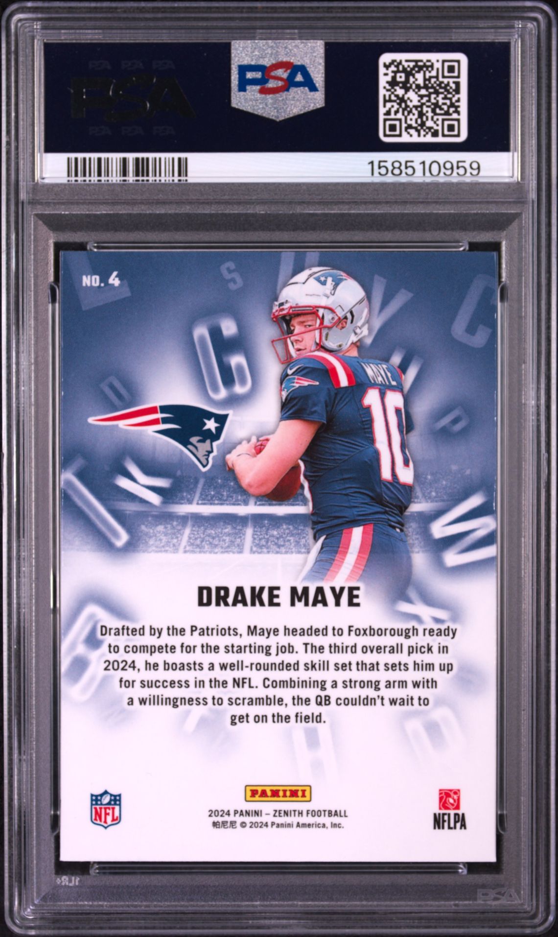 2024 Panini Zenith A To Z Drake Maye #4 Gem Mt 10 back view - PSA certificate #158510959