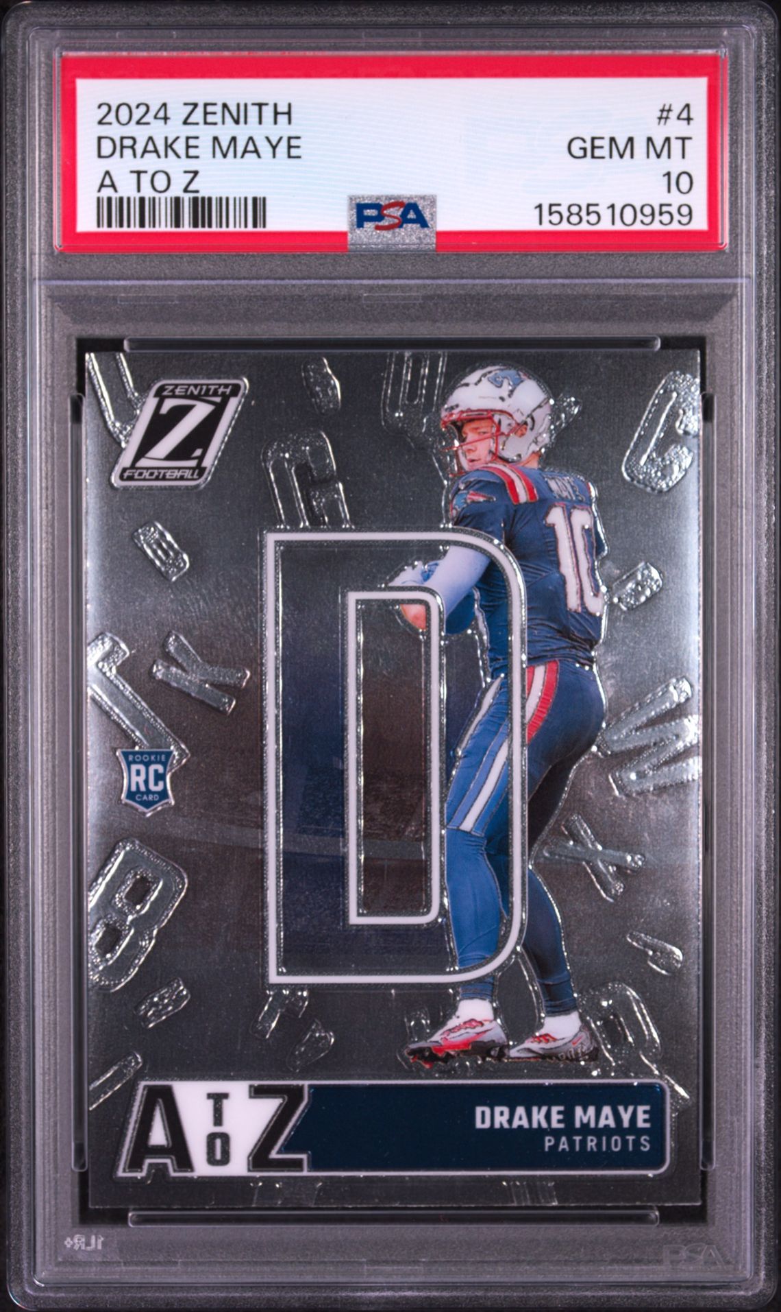 2024 Panini Zenith A To Z Drake Maye #4 Gem Mt 10 front view - PSA graded GEM MT 10