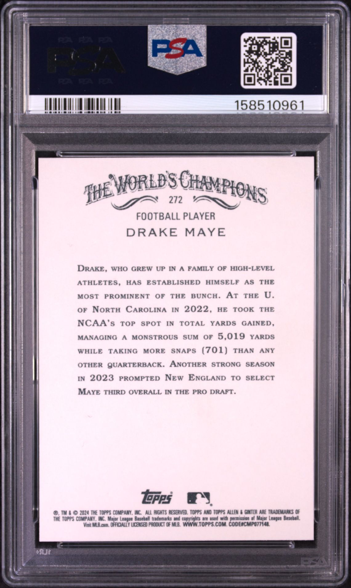 2024 Topps Allen & Ginter Drake Maye #272 Gem Mt 10 back view - PSA certificate #158510961
