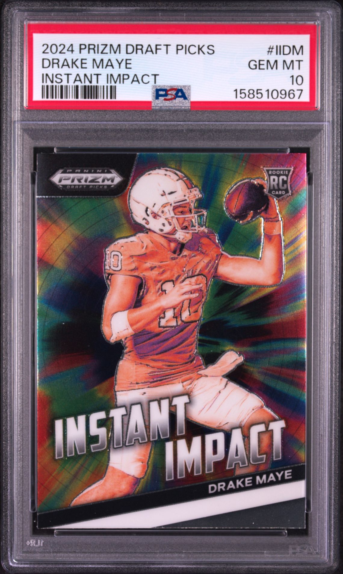 2024 Panini Prizm Draft Picks Instant Impact Drake Maye #Iidm Gem Mt 10 front view - PSA graded GEM MT 10