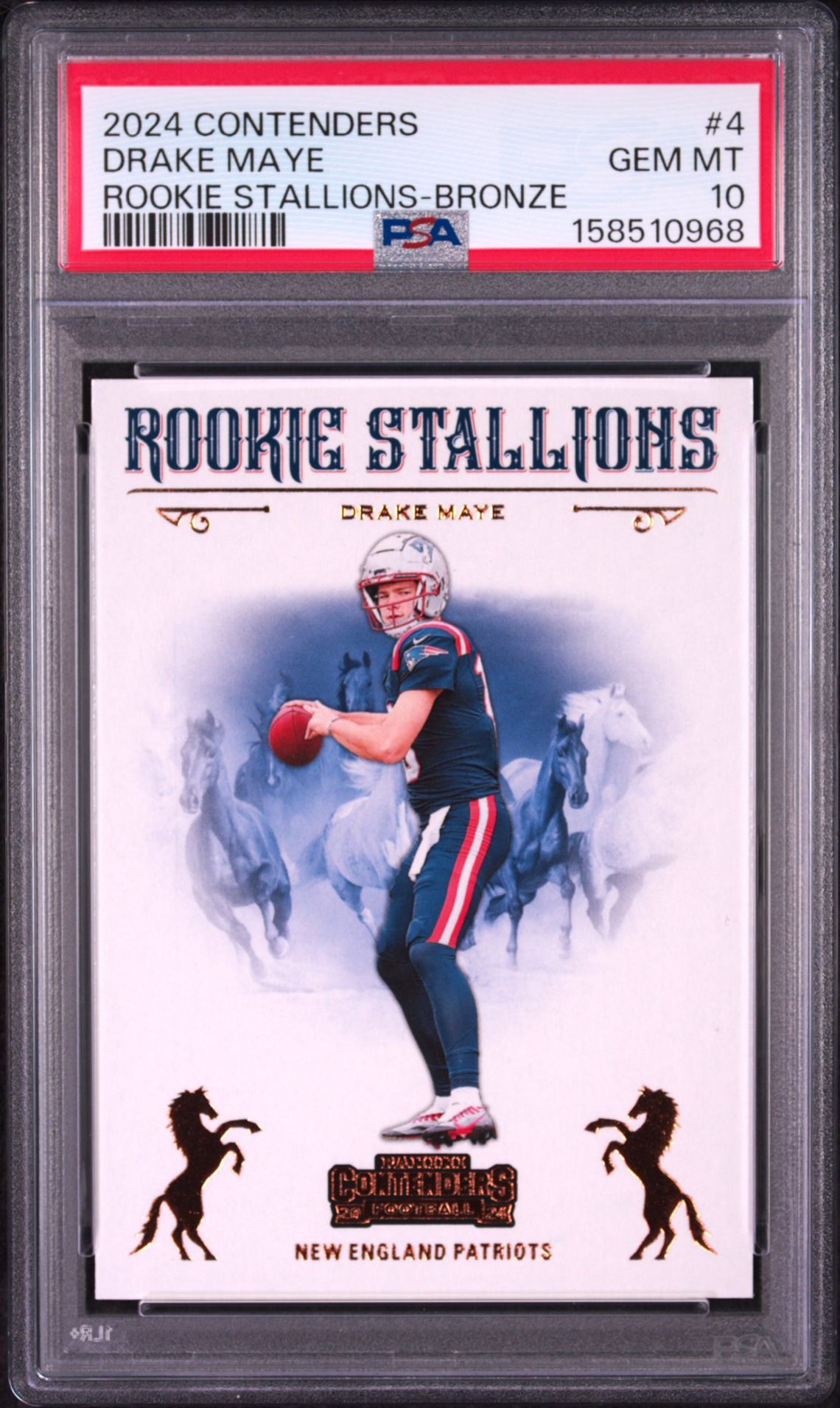 2024 Panini Contenders Rookie Stallions Drake Maye #4 (Rookie Stallions-Bronze) Gem Mt 10 front view - PSA graded GEM MT 10