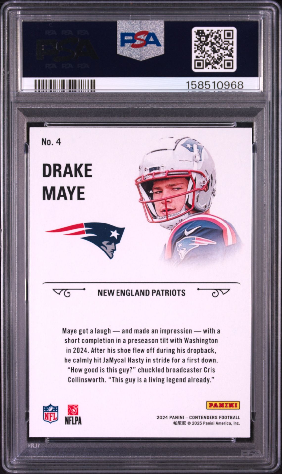 2024 Panini Contenders Rookie Stallions Drake Maye #4 (Rookie Stallions-Bronze) Gem Mt 10 back view - PSA certificate #158510968