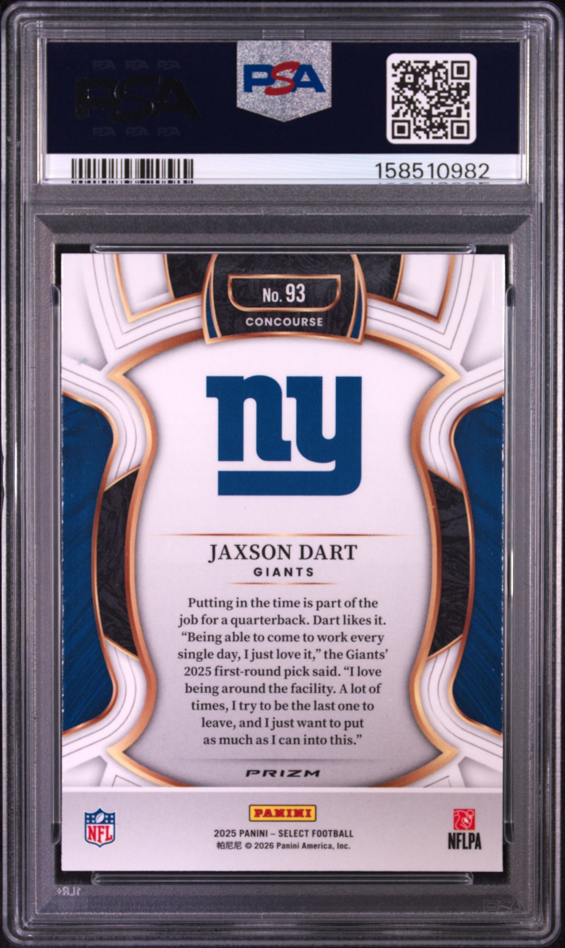 2025 Panini Select Jaxson Dart #93 (Black & Gold Shock) Mint 9 back