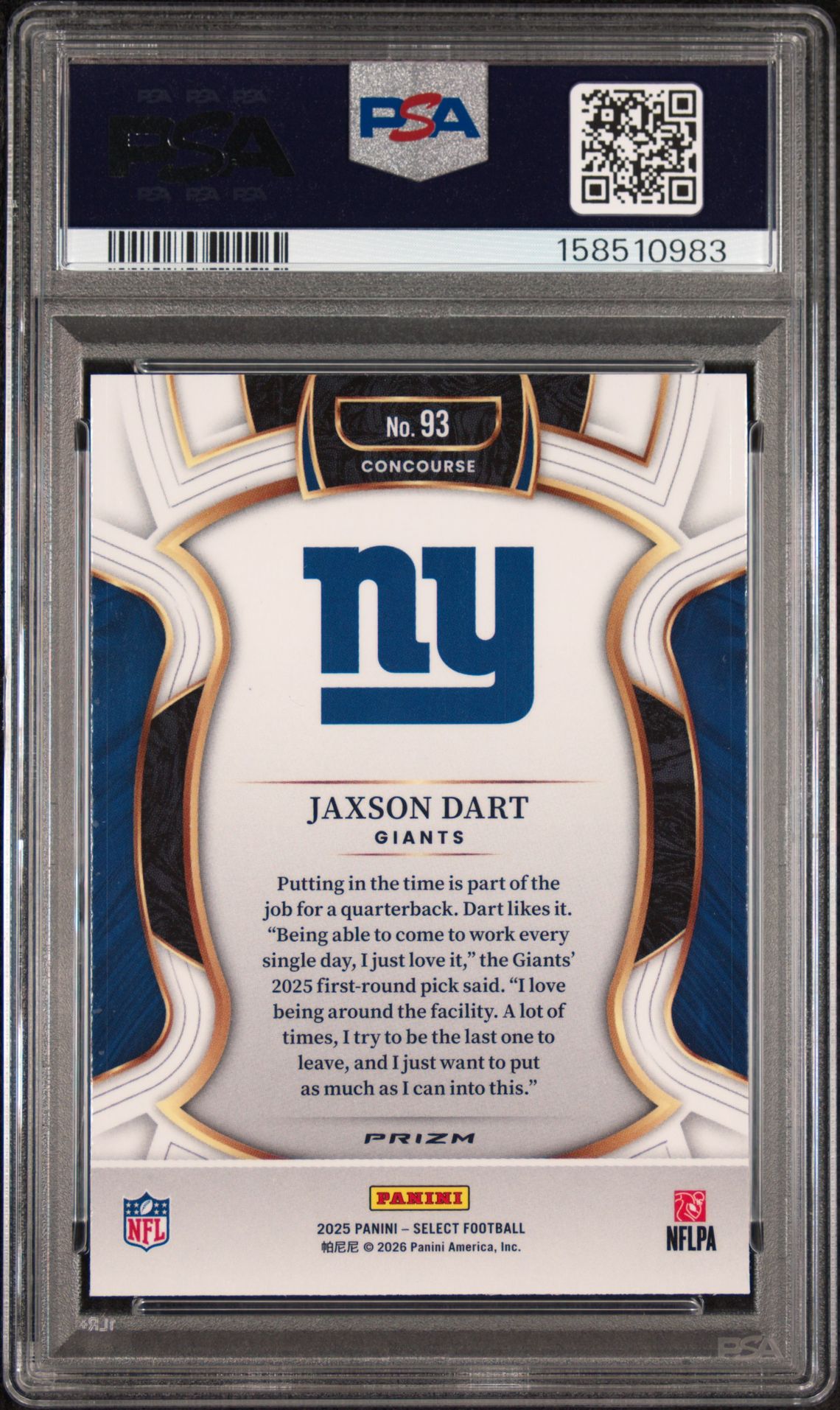 2025 Panini Select Jaxson Dart #93 (Red & Blue Shock) Gem Mt 10 back view - PSA certificate #158510983
