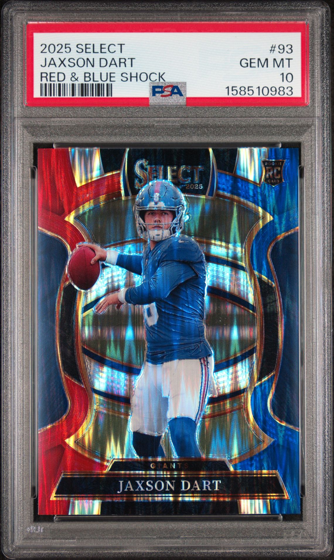 2025 Panini Select Jaxson Dart #93 (Red & Blue Shock) Gem Mt 10 front view - PSA graded GEM MT 10