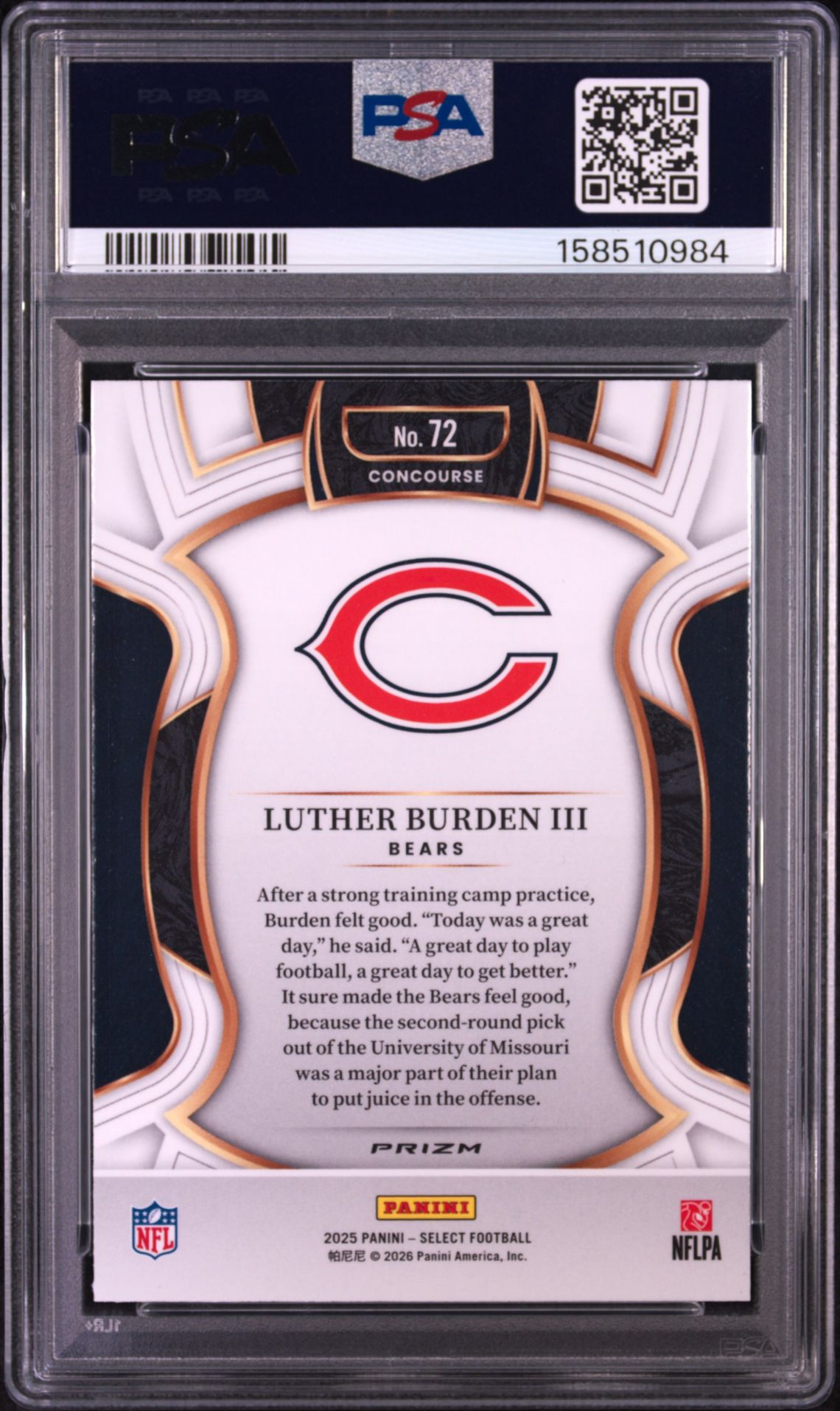 2025 Panini Select Luther Burden Iii #72 (Silver Prizm) Mint 9 back