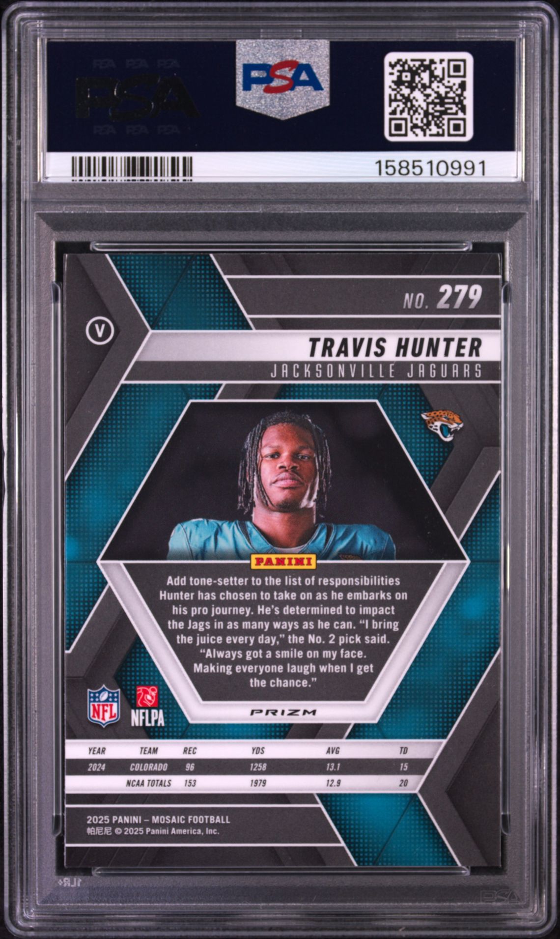 2025 Panini Mosaic Travis Hunter #279 (Green) Gem Mt 10 back view - PSA certificate #158510991