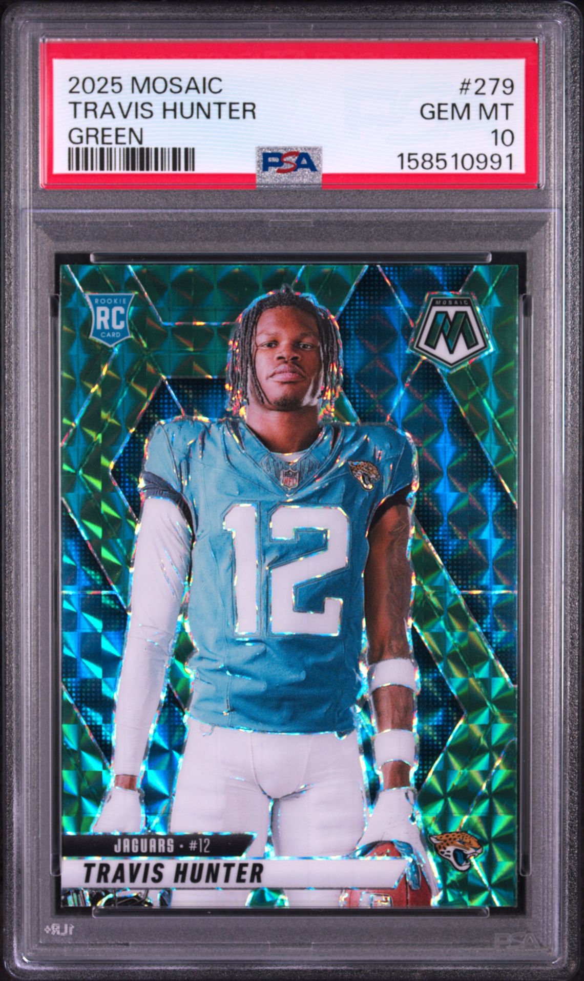 2025 Panini Mosaic Travis Hunter #279 (Green) Gem Mt 10 front view - PSA graded GEM MT 10