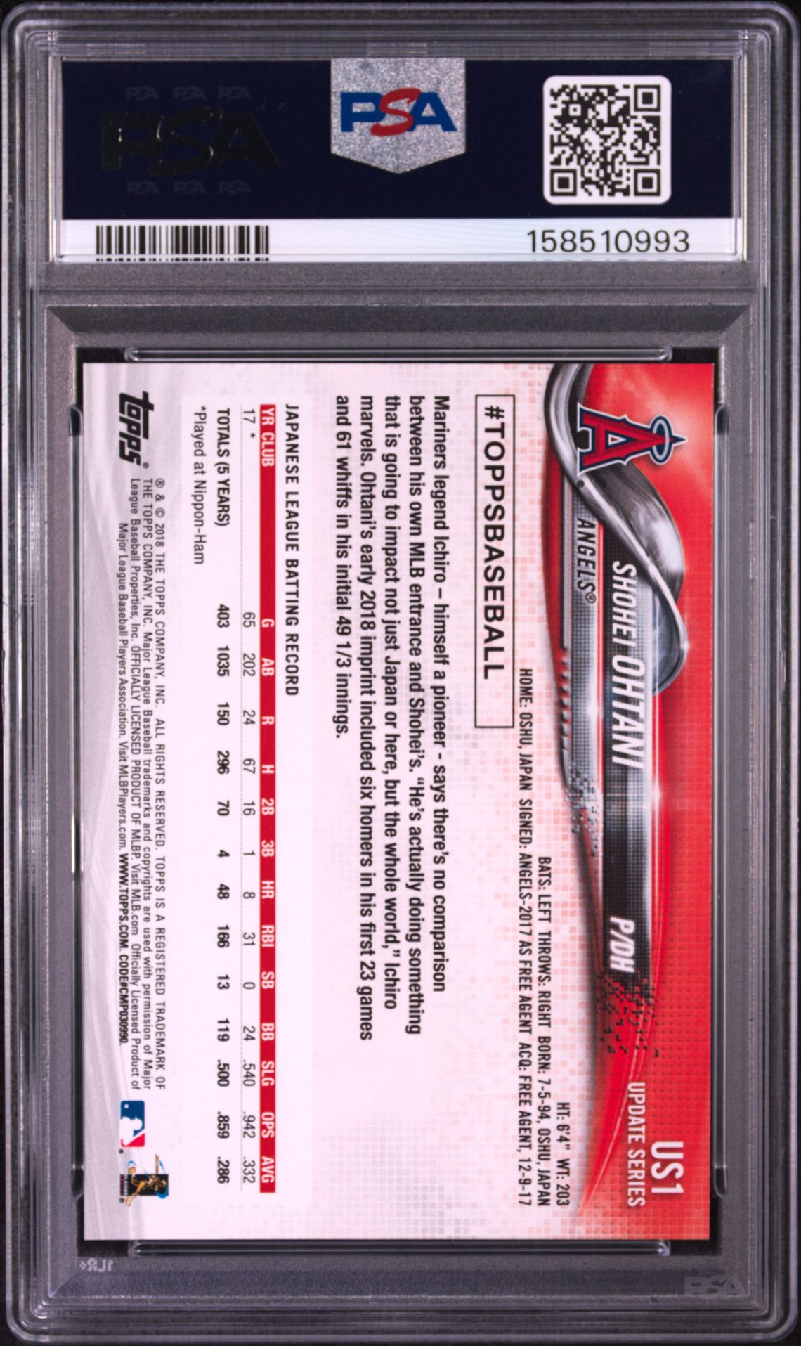 2018 Topps Update Shohei Ohtani #Us1 Mint 9 back