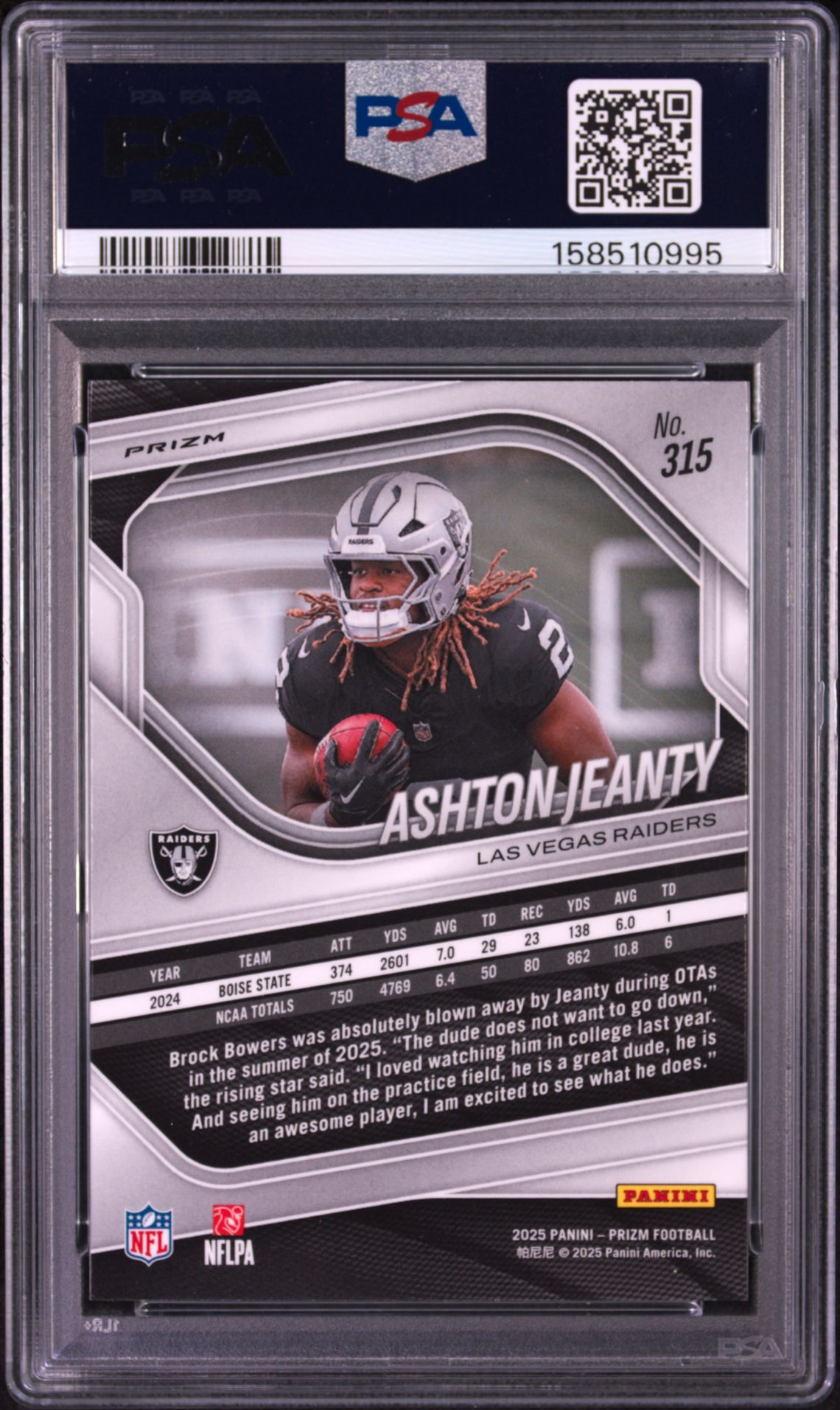 2025 Panini Prizm Ashton Jeanty #315 (Lazer Prizm) Gem Mt 10 back view - PSA certificate #158510995