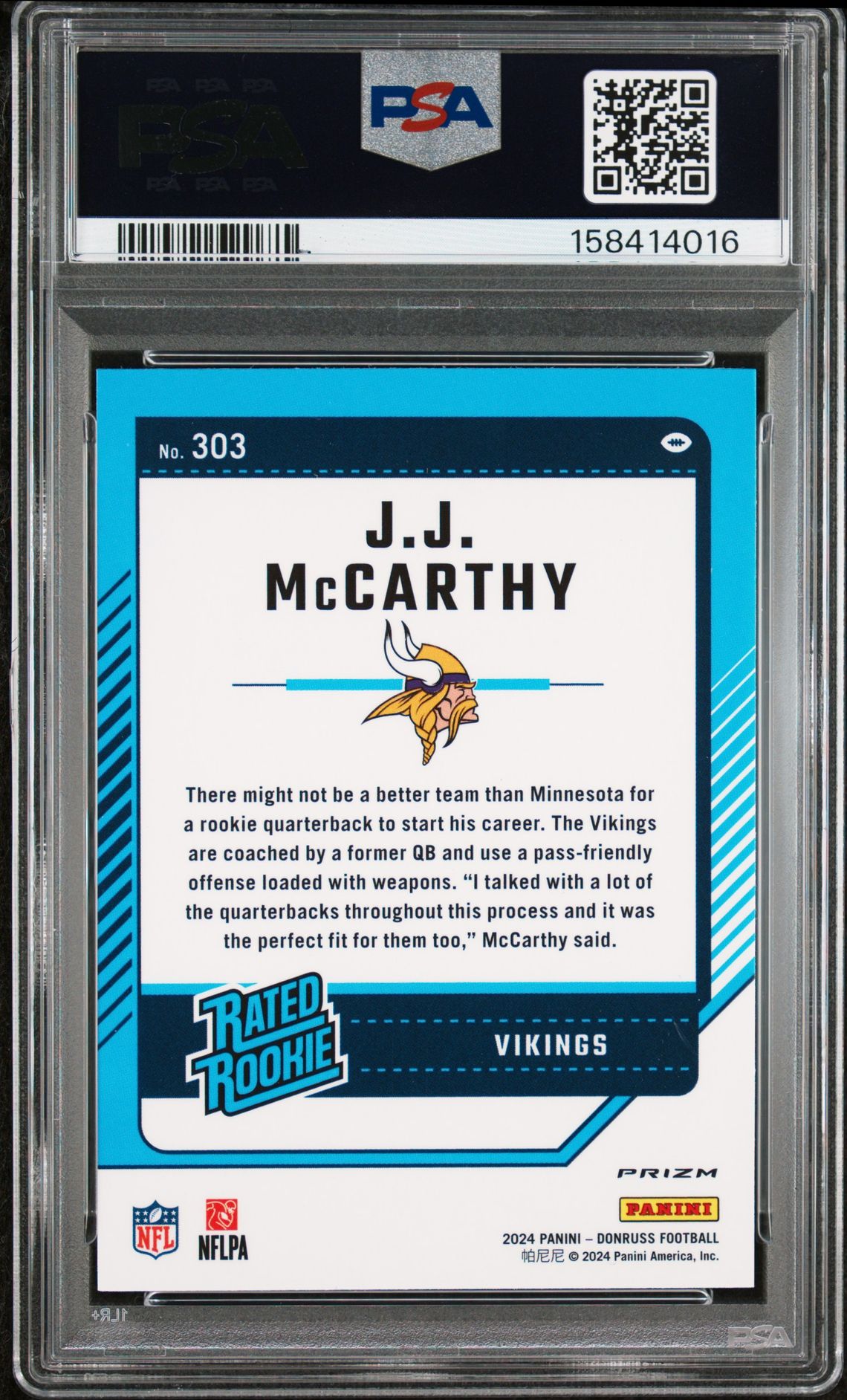 2024 Panini Donruss Jj Mccarthy #303 (Optic Preview-Pink) Gem Mt 10 back view - PSA certificate #158414016