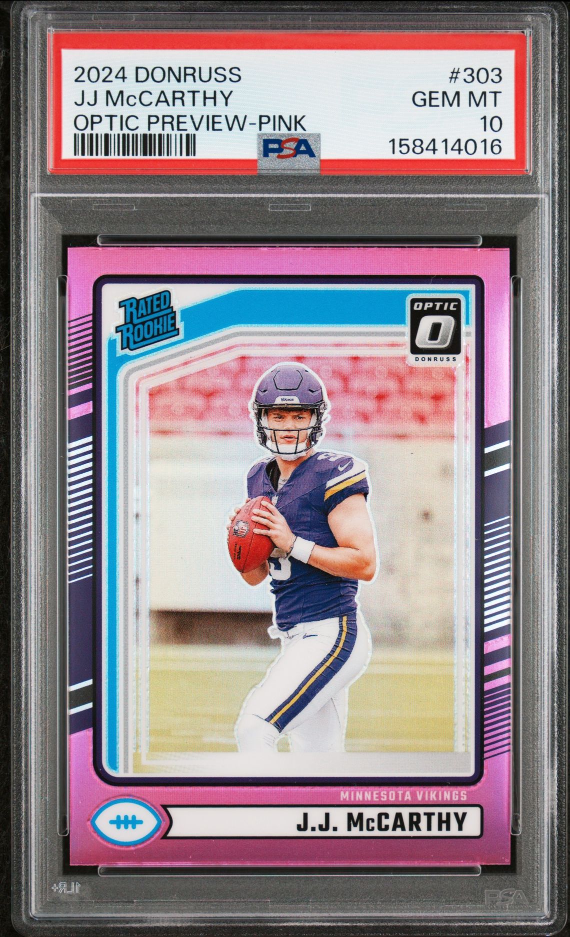 2024 Panini Donruss Jj Mccarthy #303 (Optic Preview-Pink) Gem Mt 10 front view - PSA graded GEM MT 10