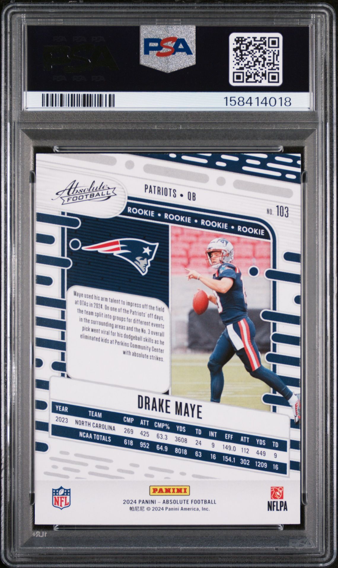 2024 Panini Absolute Drake Maye #103 Gem Mt 10 back view - PSA certificate #158414018