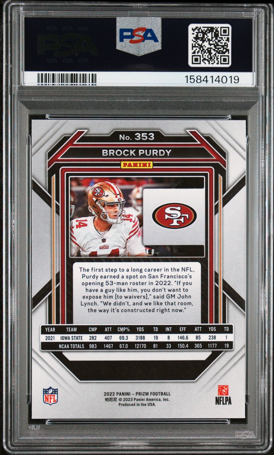 2022 Panini Prizm Brock Purdy #353 Gem Mt 10 back view - PSA certificate #158414019