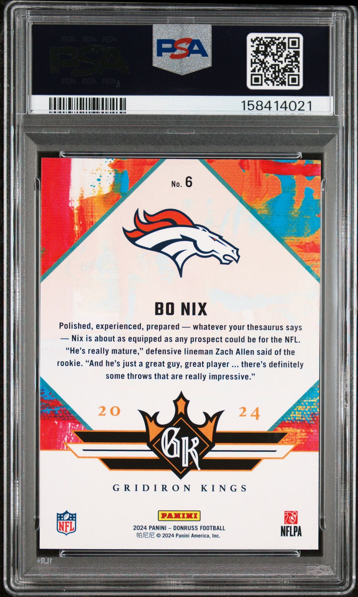 2024 Panini Donruss Rookie Gridiron Kings Bo Nix #6 Mint 9 back