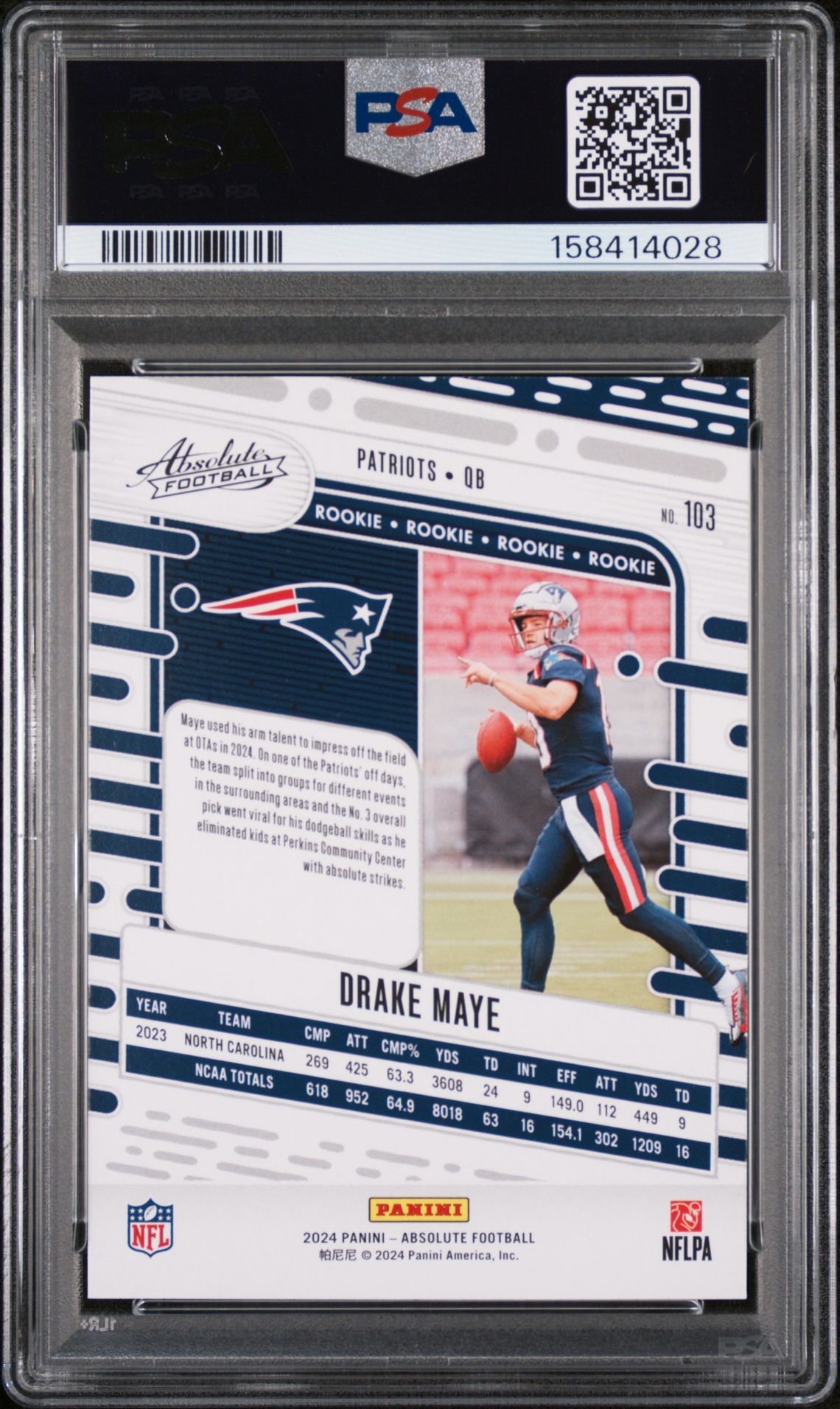 2024 Panini Absolute Drake Maye #103 (Blue) Mint 9 back