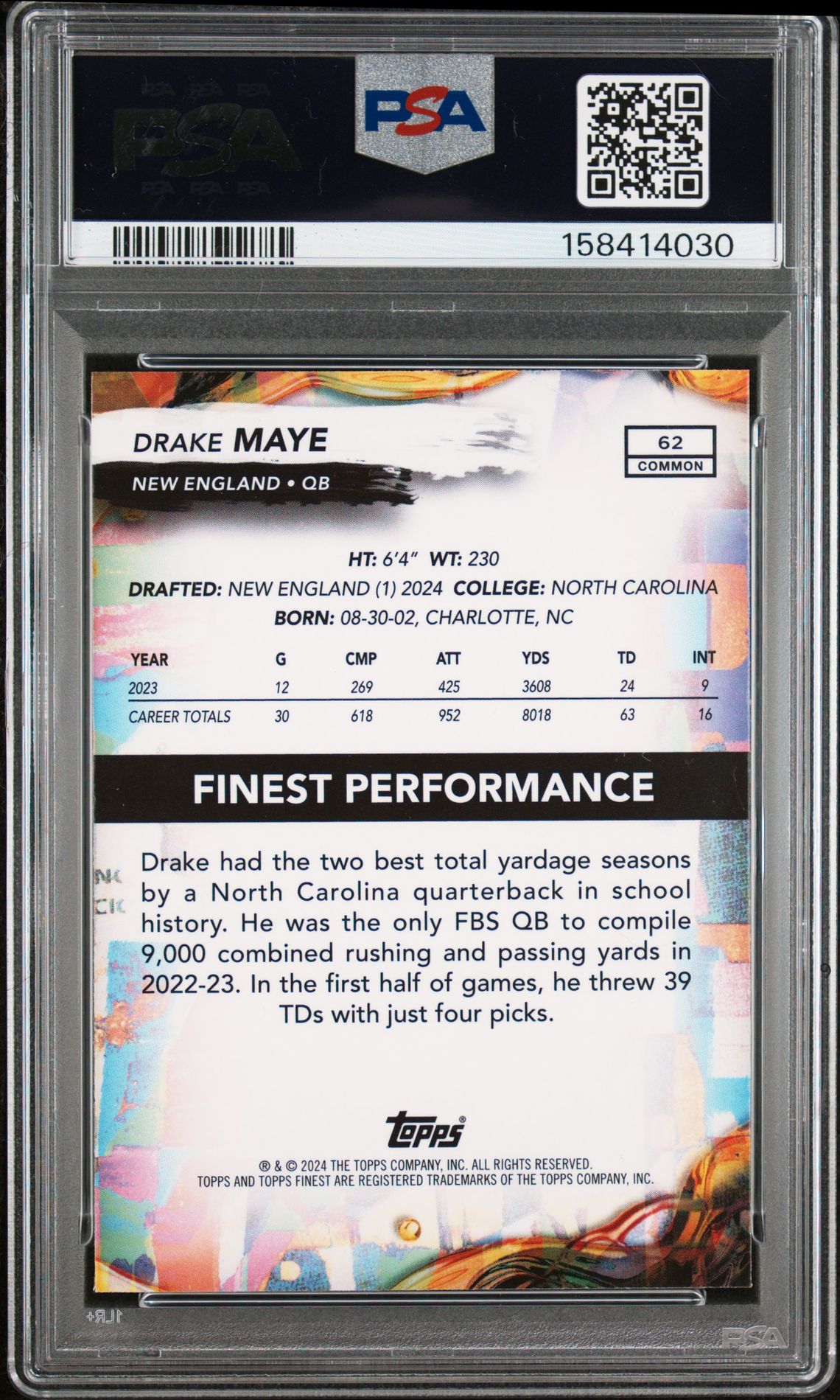 2024 Topps Finest Drake Maye #62 Mint 9 back