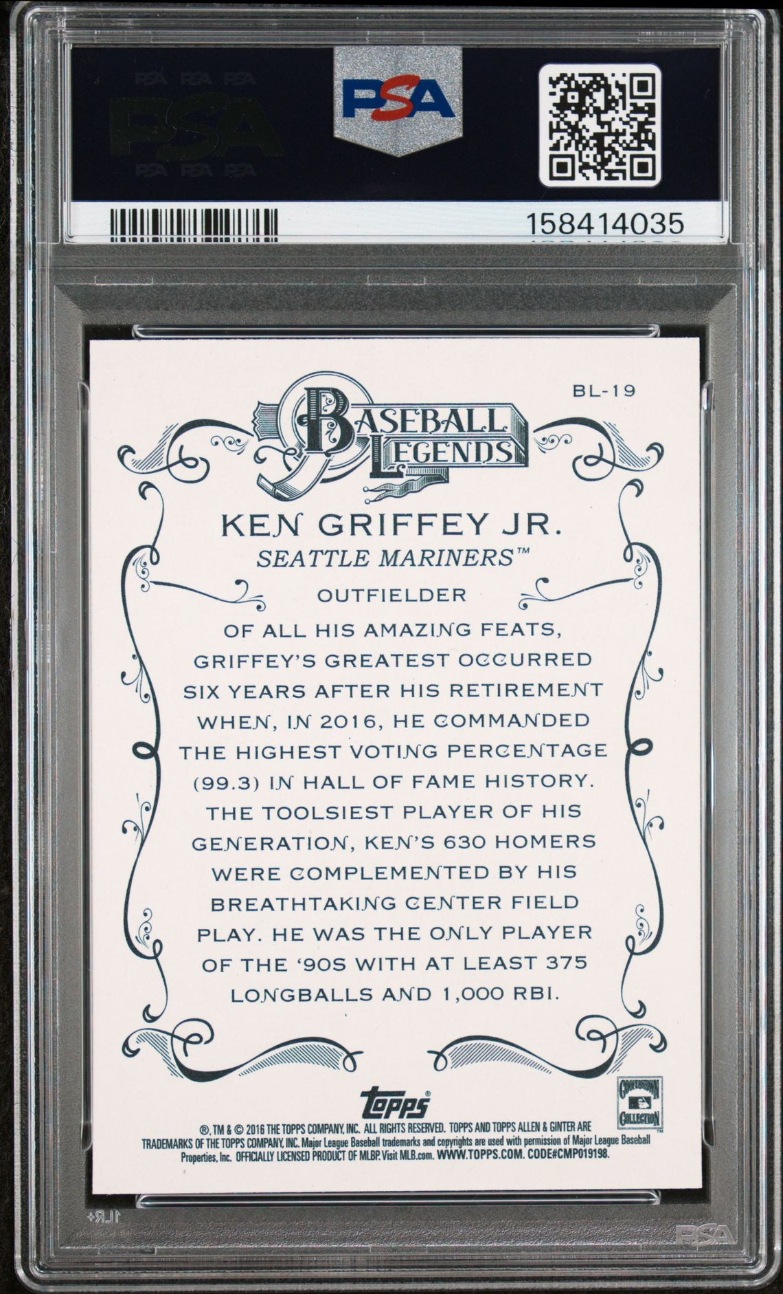 2016 Topps Allen & Ginter Baseball Legends Ken Griffey Jr. #Bl-19 (Baseball Legends) Gem Mt 10 back view - PSA certificate #158414035