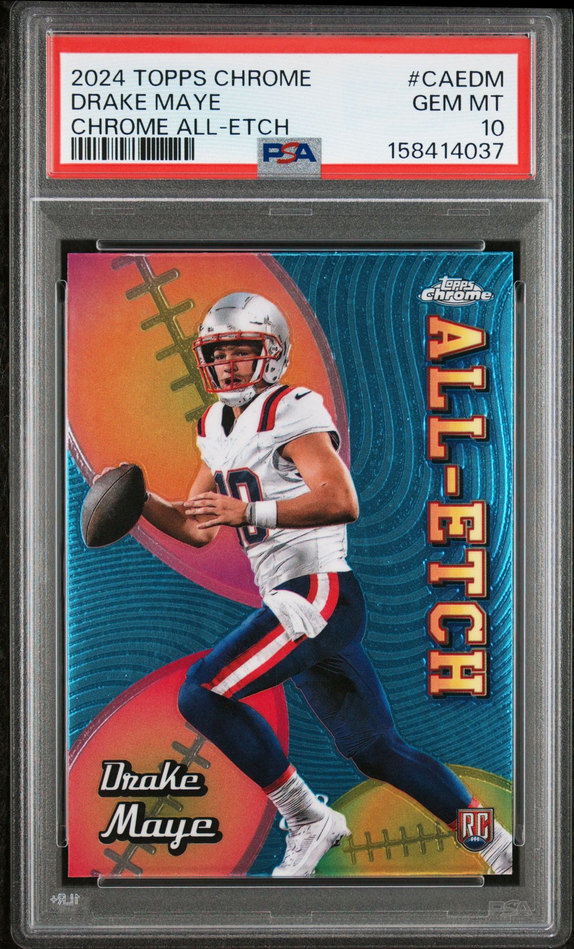 2024 Topps Chrome Chrome All-Etch Drake Maye #Caedm (Chrome All-Etch) Gem Mt 10 front view - PSA graded GEM MT 10