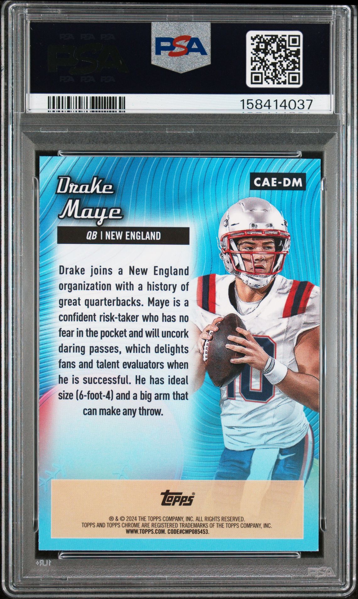 2024 Topps Chrome Chrome All-Etch Drake Maye #Caedm (Chrome All-Etch) Gem Mt 10 back view - PSA certificate #158414037