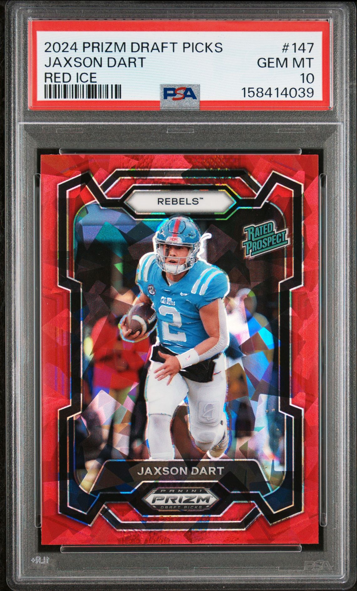 2024 Panini Prizm Draft Picks Jaxson Dart #147 (Red Ice) Gem Mt 10 front view - PSA graded GEM MT 10