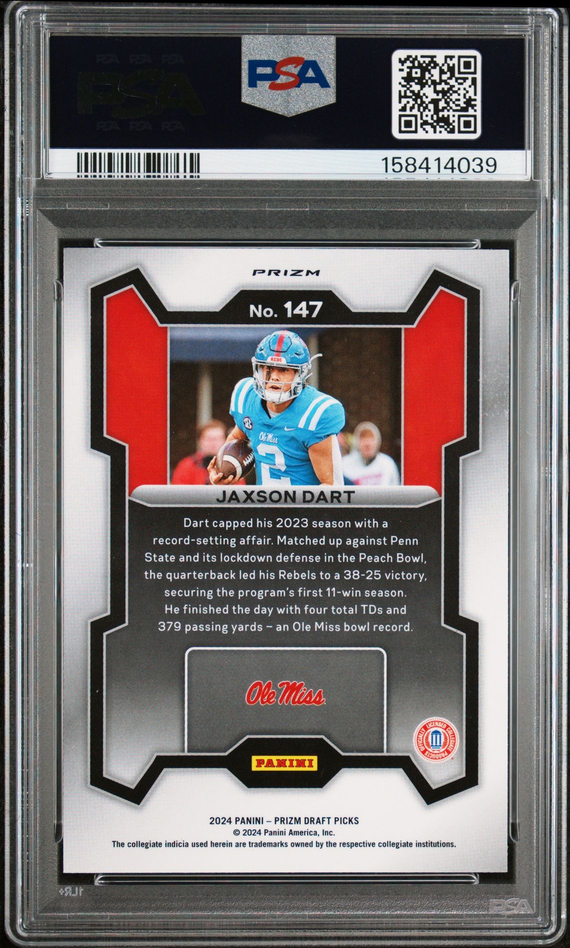 2024 Panini Prizm Draft Picks Jaxson Dart #147 (Red Ice) Gem Mt 10 back view - PSA certificate #158414039