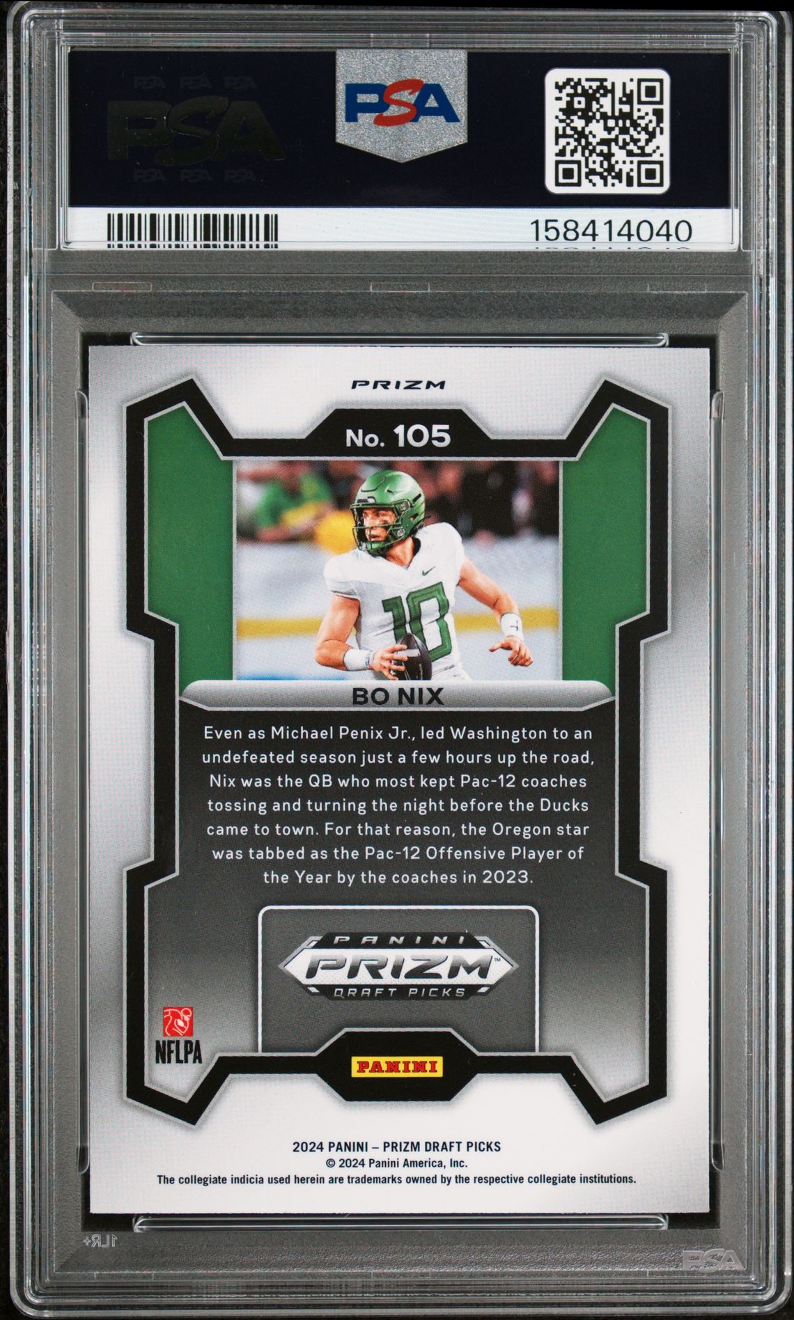 2024 Panini Prizm Draft Picks Bo Nix #105 (Red Ice) Gem Mt 10 back view - PSA certificate #158414040
