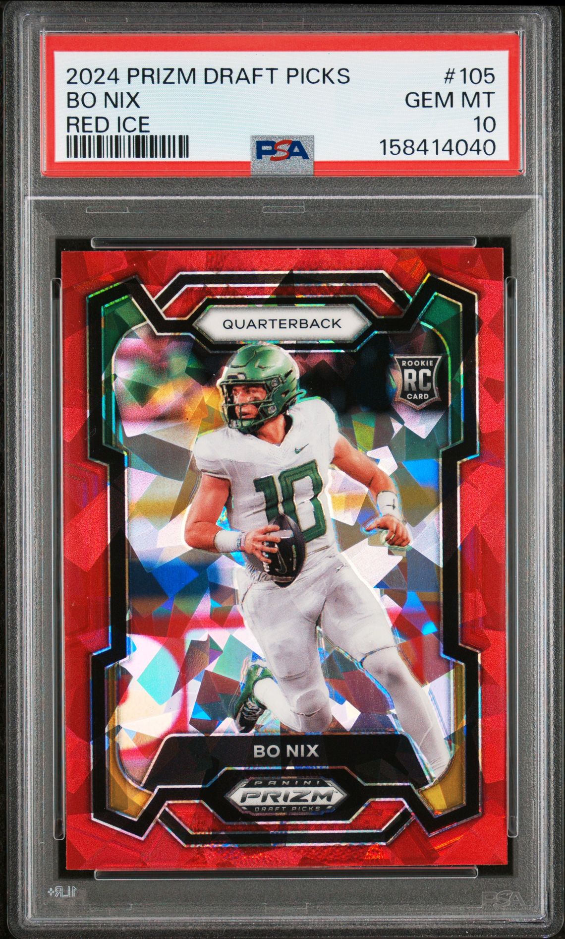 2024 Panini Prizm Draft Picks Bo Nix #105 (Red Ice) Gem Mt 10 front view - PSA graded GEM MT 10