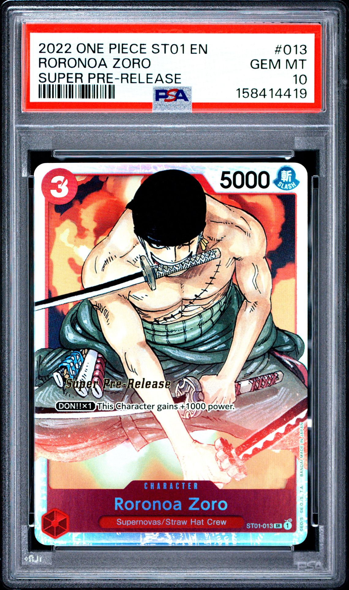 2022 One Piece Starter Deck St01-Straw Hat Crew Roronoa Zoro #013 (Super Pre-Release) Gem Mt 10 front