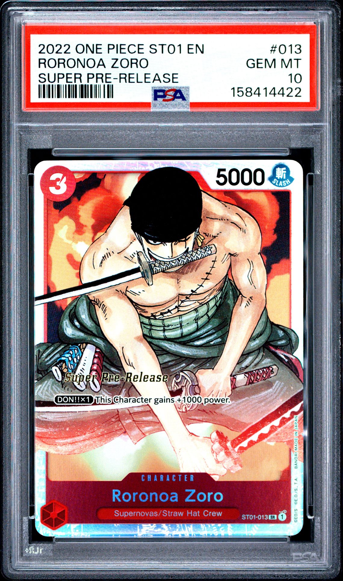 2022 One Piece Starter Deck St01-Straw Hat Crew Roronoa Zoro #013 (Super Pre-Release) Gem Mt 10 front view - PSA graded GEM MT 10