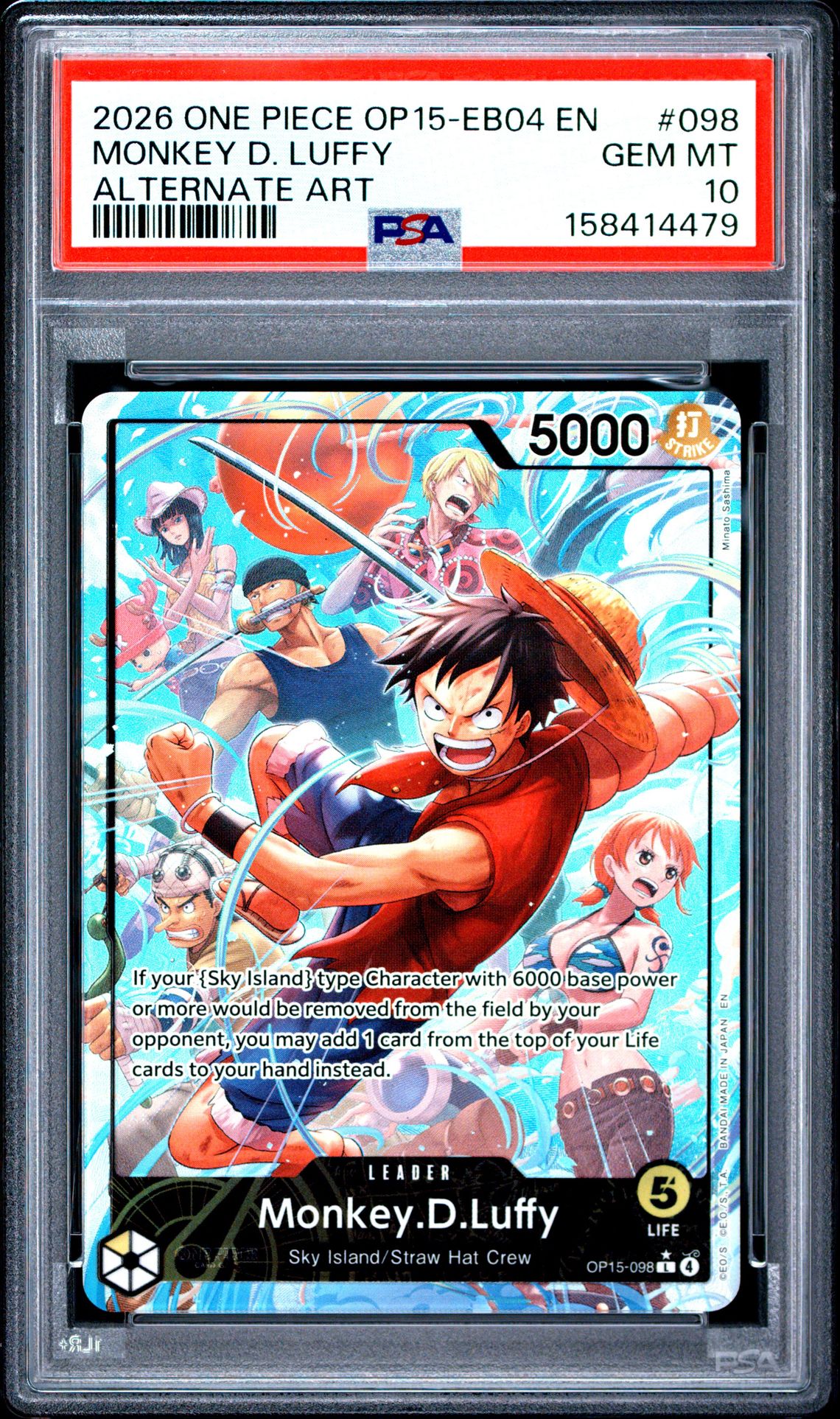 2026 ONE PIECE OP15-EB04-ADVENTURE ON KAMI'S ISLAND MONKEY D. LUFFY ALTERNATE ART 098 GEM MT 10 front