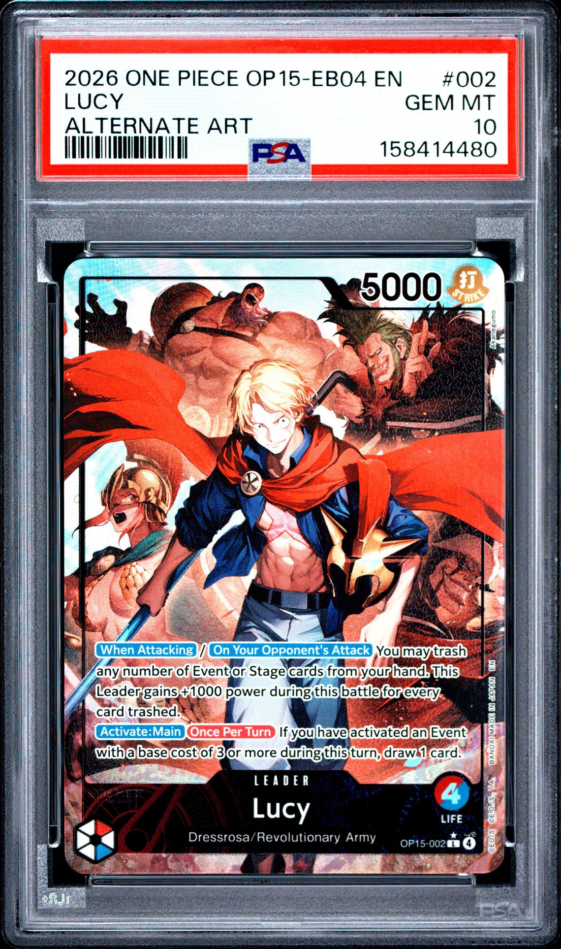 2026 One Piece Op15-Eb04-Adventure On Kami's Island Lucy #002 (Alternate Art) Gem Mt 10 front view - PSA graded GEM MT 10