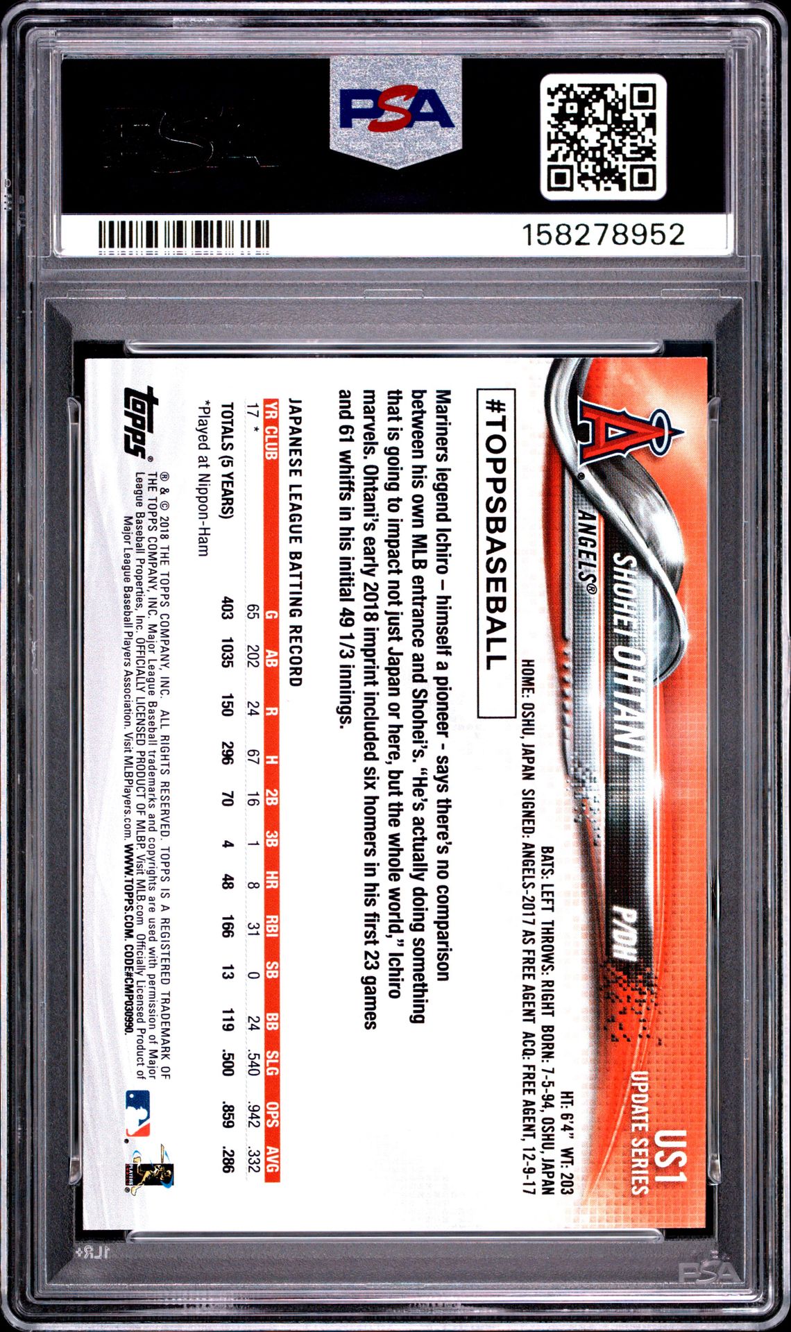 2018 Topps Update Shohei Ohtani #Us1 Mint 9 back