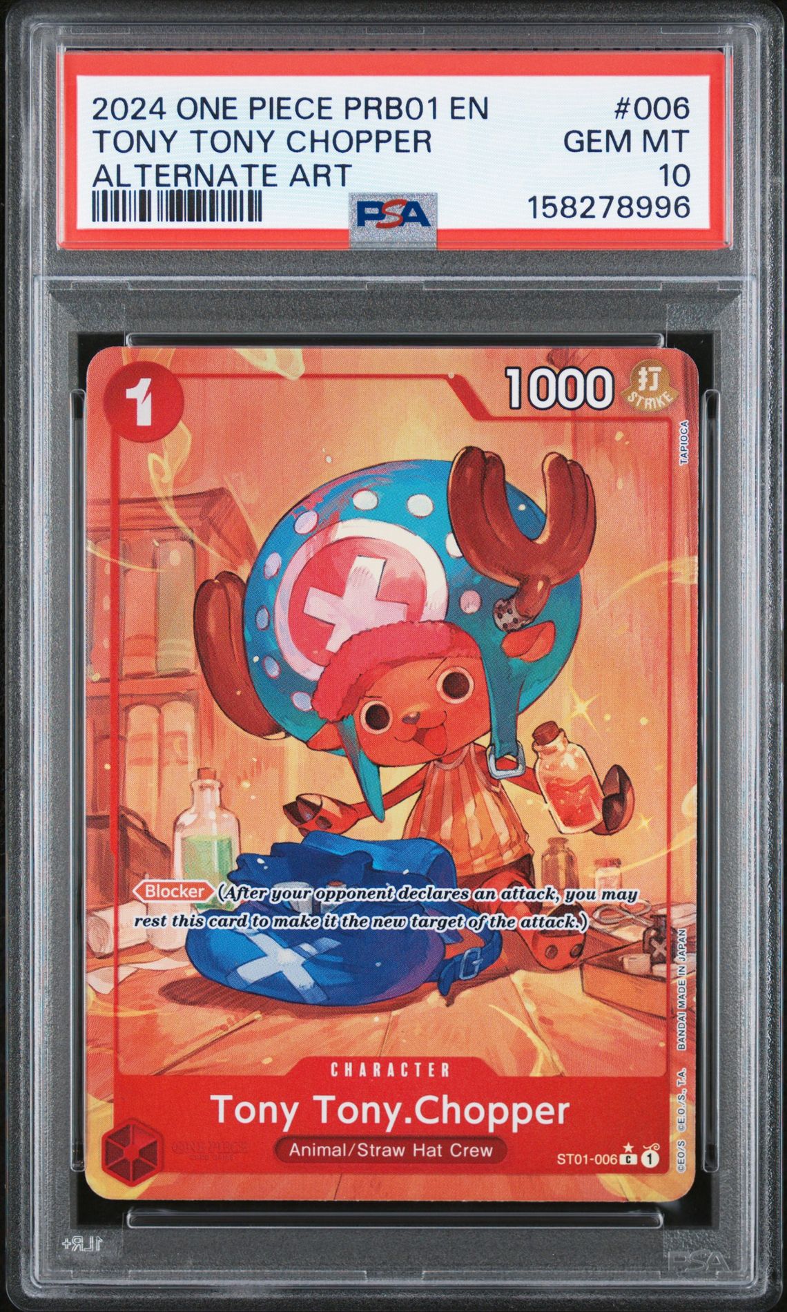 2024 One Piece Prb01-Premium Booster -One Piece Card The Best- Tony Tony Chopper #006 (Alternate Art) Gem Mt 10 front view - PSA graded GEM MT 10