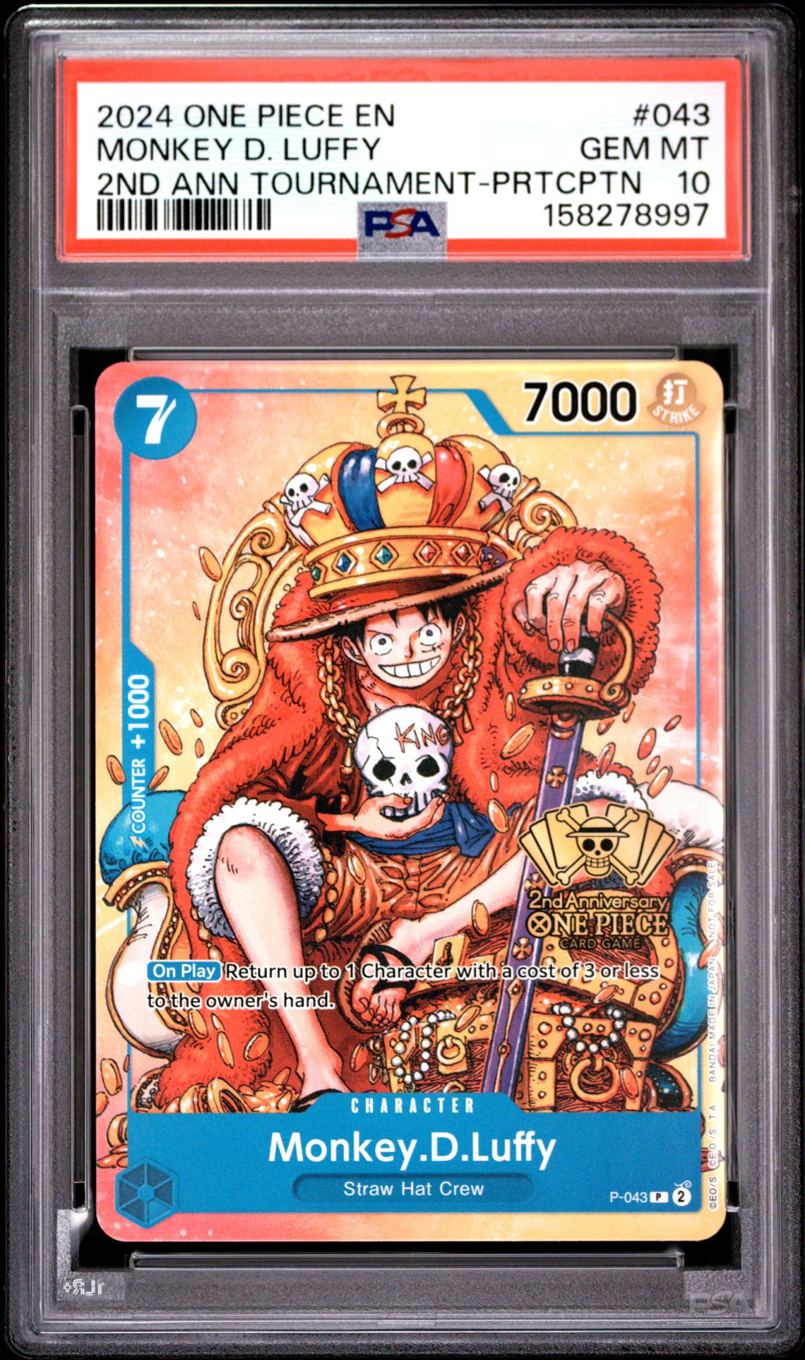 2024 One Piece Promos Monkey D. Luffy #043 (2Nd Ann Tournament-Prtcptn) Gem Mt 10 front view - PSA graded GEM MT 10