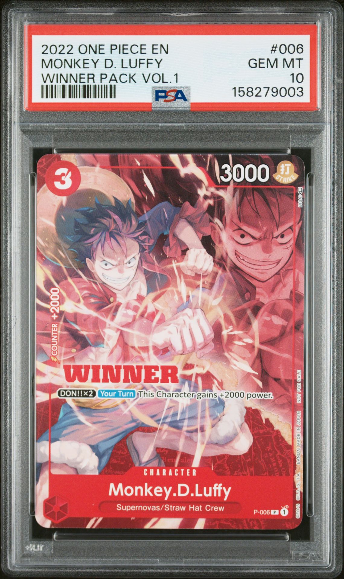 2022 One Piece Promos Monkey D. Luffy #006 (Winner Pack Vol.1) Gem Mt 10 front view - PSA graded GEM MT 10