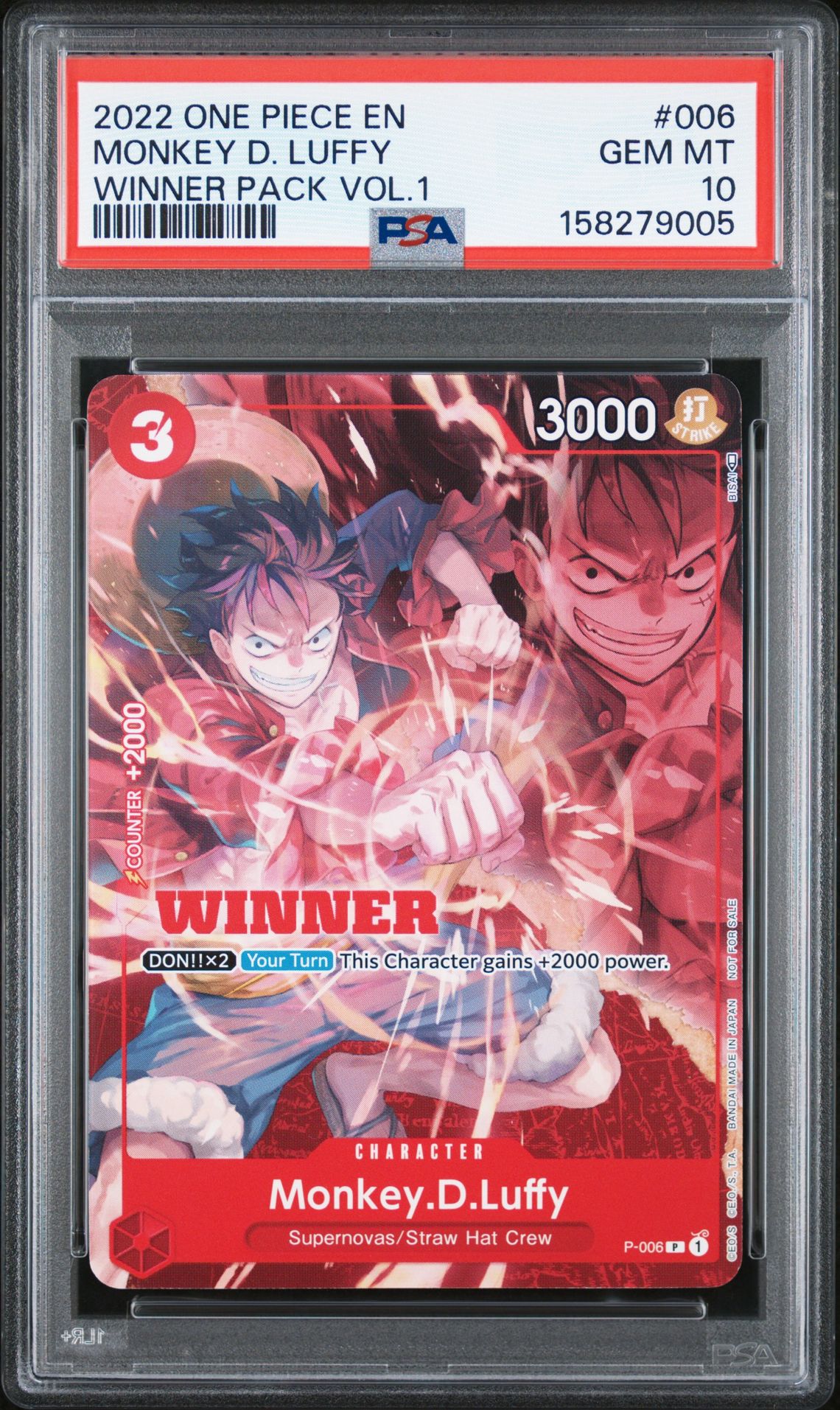 2022 One Piece Promos Monkey D. Luffy #006 (Winner Pack Vol.1) Gem Mt 10 front view - PSA graded GEM MT 10
