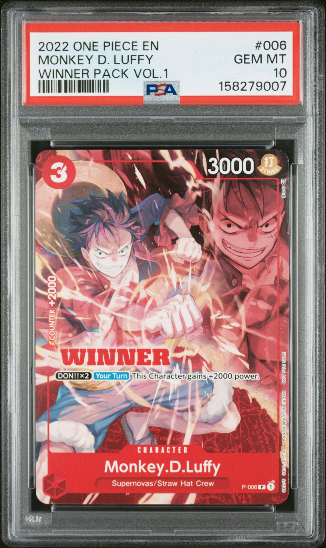 2022 One Piece Promos Monkey D. Luffy #006 (Winner Pack Vol.1) Gem Mt 10 front view - PSA graded GEM MT 10