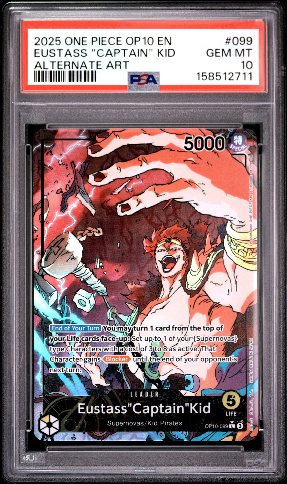 2025 One Piece Op10-Royal Blood Eustass "Captain" Kid #099 (Alternate Art) Gem Mt 10 front view - PSA graded GEM MT 10