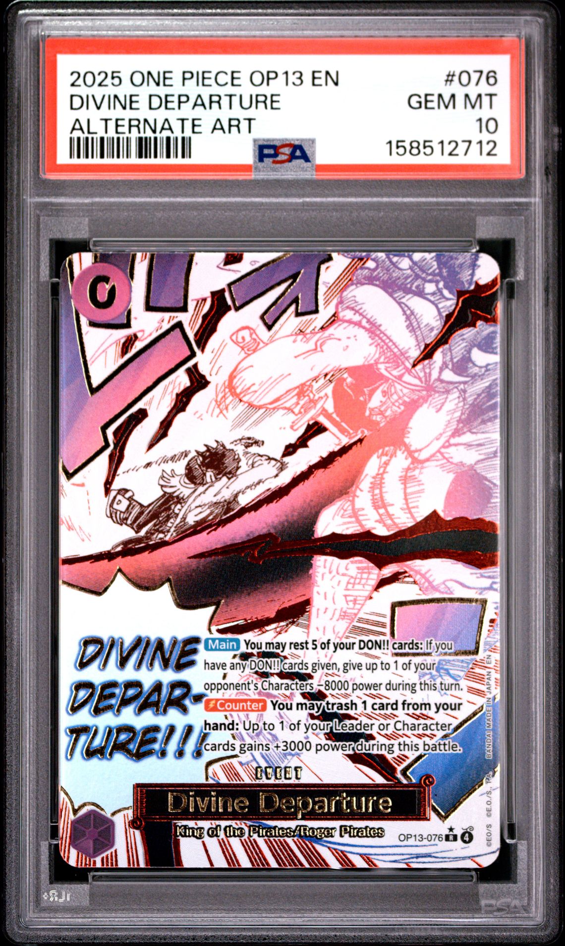 2025 One Piece Op13-Carrying On His Will Divine Departure #076 (Alternate Art) Gem Mt 10 front view - PSA graded GEM MT 10