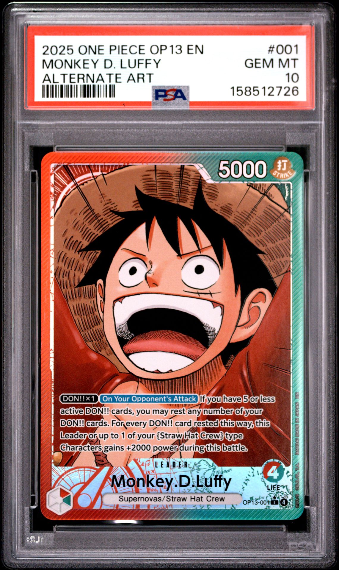 2025 One Piece Op13-Carrying On His Will Monkey D. Luffy #001 (Alternate Art) Gem Mt 10 front view - PSA graded GEM MT 10