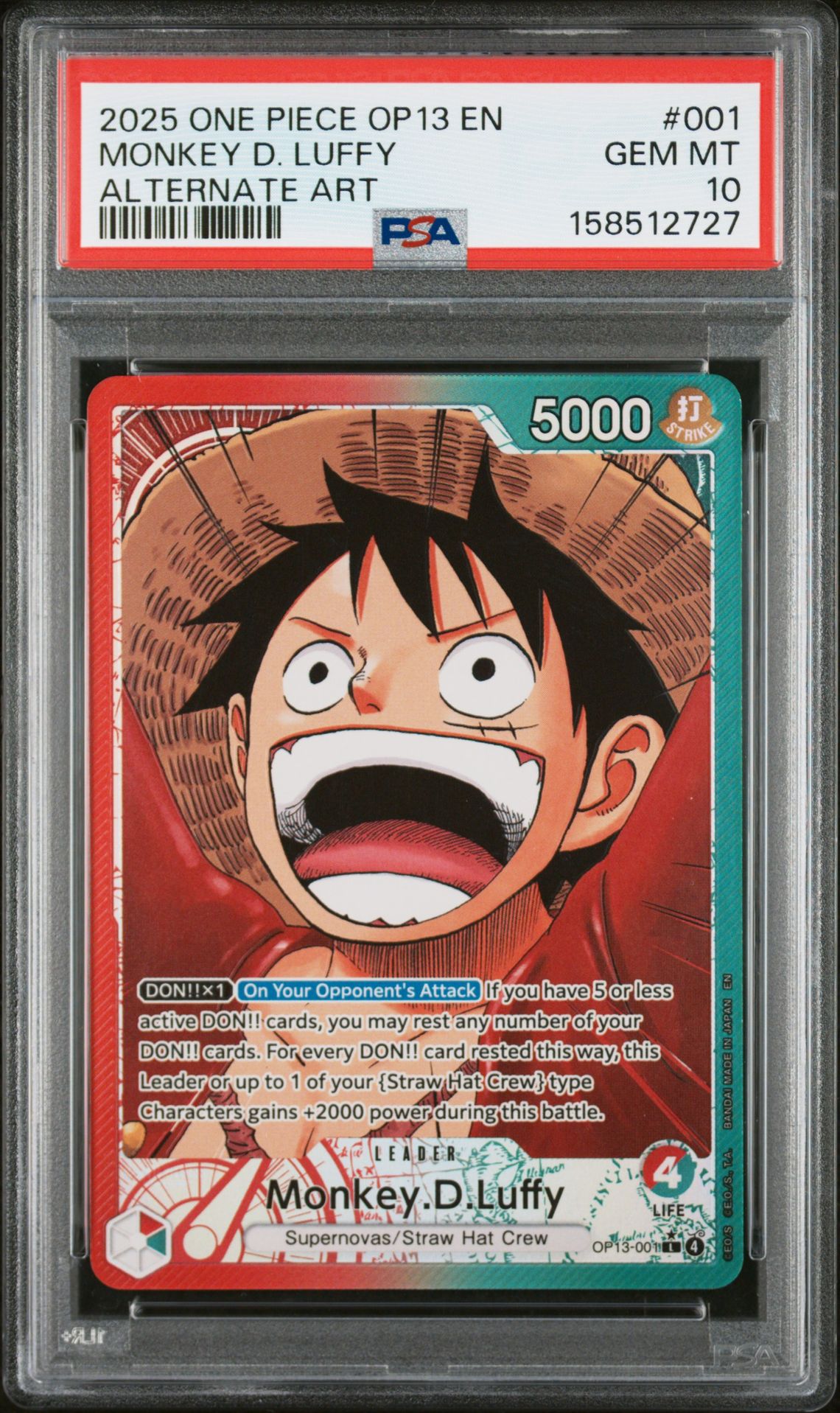 2025 One Piece Op13-Carrying On His Will Monkey D. Luffy #001 (Alternate Art) Gem Mt 10 front view - PSA graded GEM MT 10