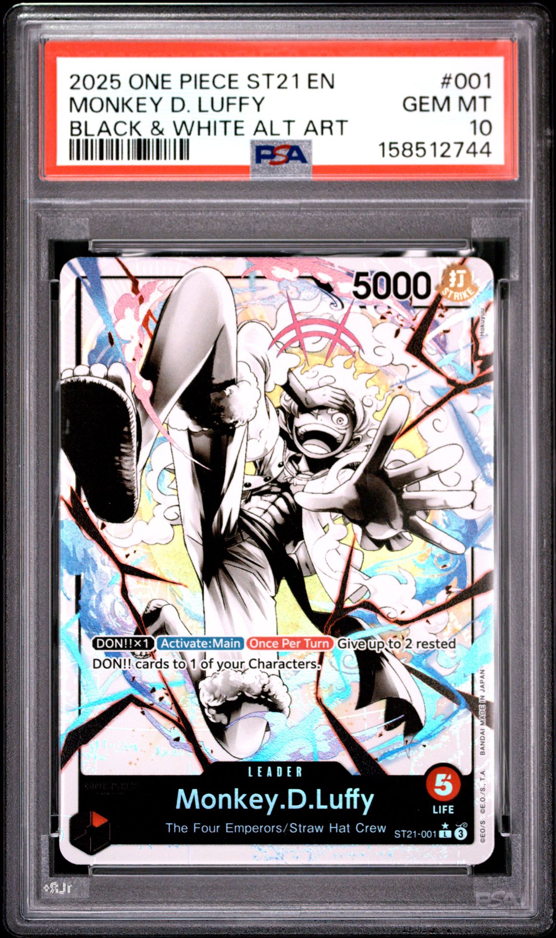 2025 One Piece Starter Deck St21-Ex Gear 5 Monkey D. Luffy #001 (Black & White Alt Art) Gem Mt 10 front view - PSA graded GEM MT 10